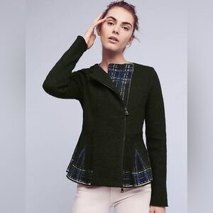 Anthropologie HWR Lelia Peplum Jacket Wool Zip Green Cardigan Women's Size M